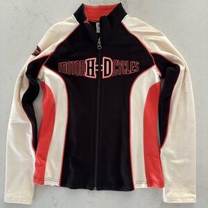 Harley Davidson Zip Up Logo Biker Jacket Womens Medium Black Cream Orange